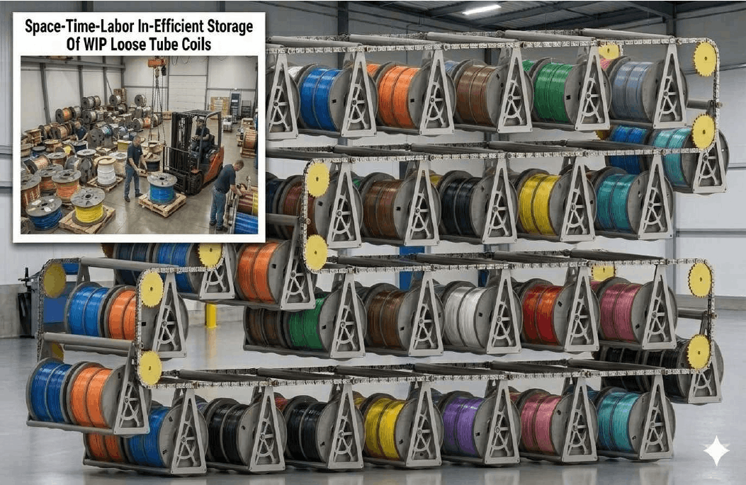 Vertical Carousels For Space-Time-Labor-Damage Efficient Vertical Storage Of WIP Loose Tube Coils In Insulated Power-Telecom-Optic Fiber Cables-Wires Manufacturing Plants